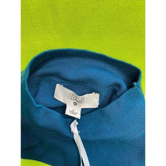 Victor Glemaud Sweater Top Womens SMALL Teal Lime Green Striped Mock Relaxed NEW - Picture 6 of 10